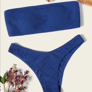 blue ribbed strapless bikini set